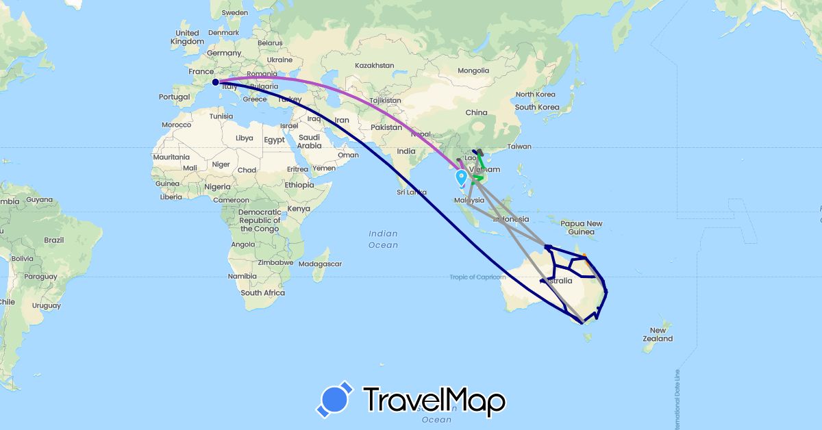 TravelMap itinerary: driving, bus, plane, train, boat, hitchhiking, motorbike in Australia, France, Cambodia, Malaysia, Thailand, Vietnam (Asia, Europe, Oceania)